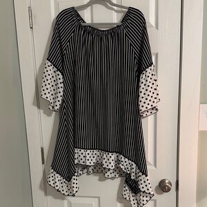 Women’s Black & White Striped Tunic with Polka Dot Ruffle